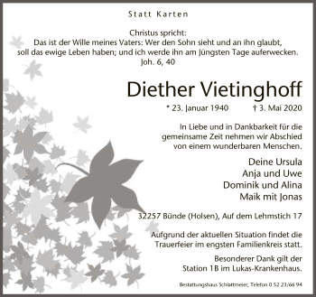 Traueranzeige von Diether Vietinghoff von Neue Westfälische