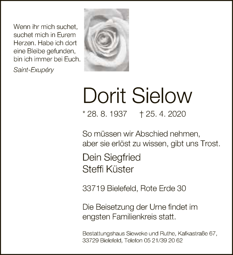  Traueranzeige für Dorit Sielow vom 01.05.2020 aus Neue Westfälische