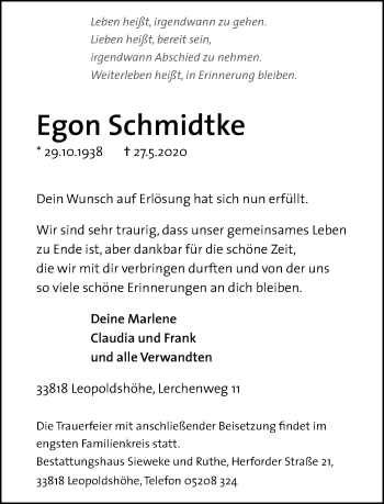 Traueranzeige von Egon Schmidtke von Neue Westfälische