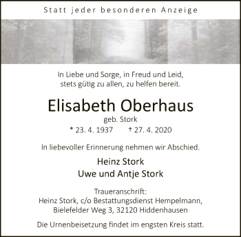 Traueranzeige von Elisabeth Oberhaus von Neue Westfälische