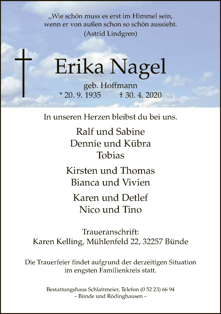  Traueranzeige für Erika Nagel vom 05.05.2020 aus Neue Westfälische