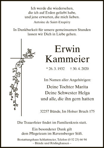Traueranzeige von Erwin Kammeier von Neue Westfälische