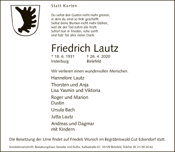 Traueranzeige von Friedrich Lautz von Neue Westfälische