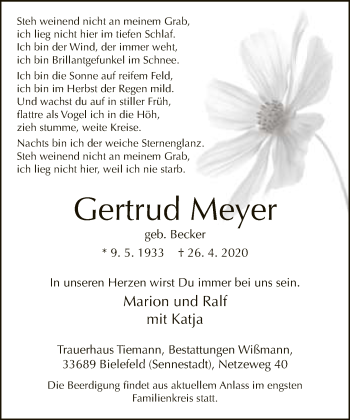 Traueranzeige von Gertrud Meyer von Neue Westfälische