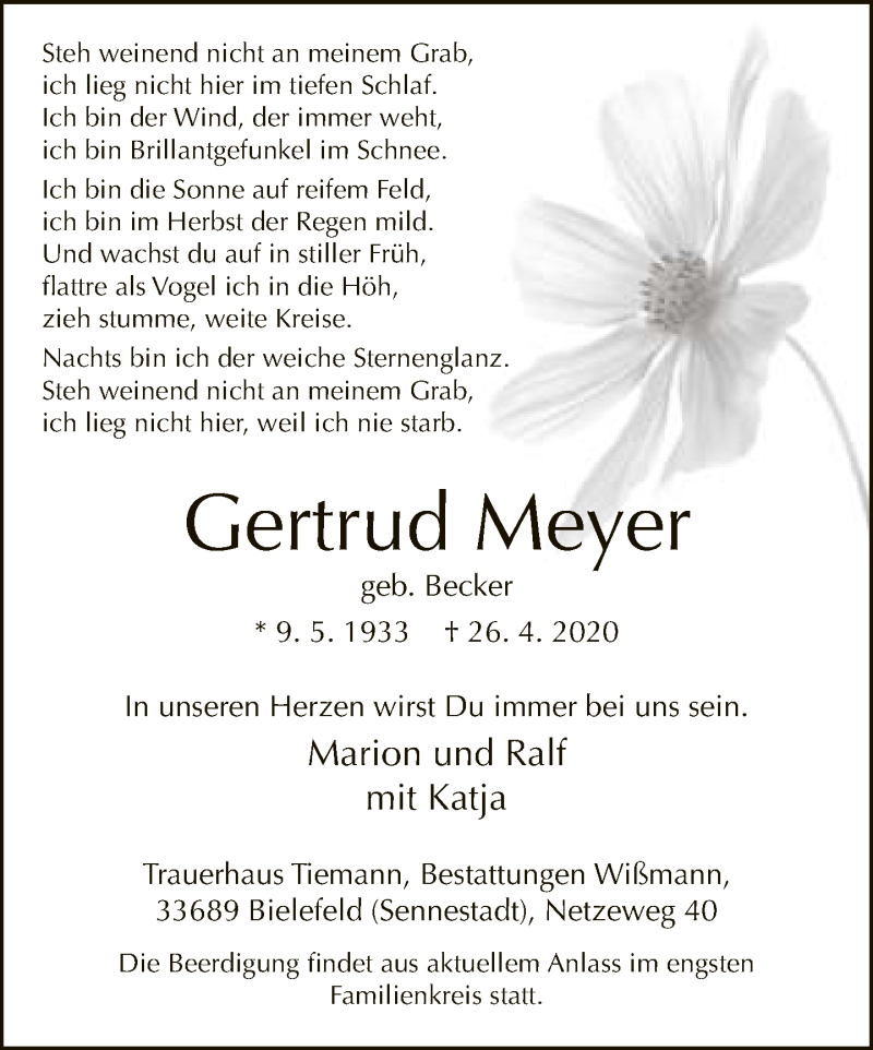  Traueranzeige für Gertrud Meyer vom 01.05.2020 aus Neue Westfälische