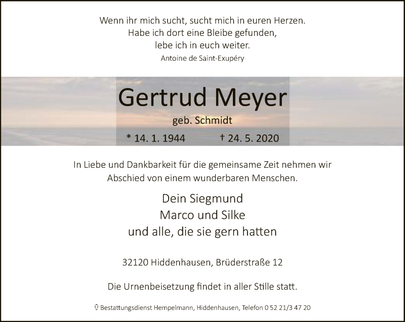  Traueranzeige für Gertrud Meyer vom 27.05.2020 aus Neue Westfälische