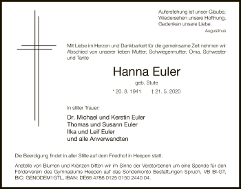 Traueranzeige von Hanna Euler von Neue Westfälische