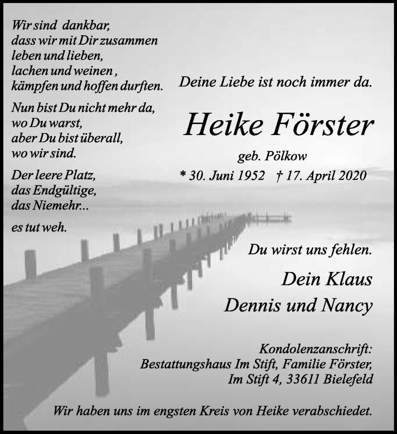  Traueranzeige für Heike Förster vom 01.05.2020 aus Neue Westfälische