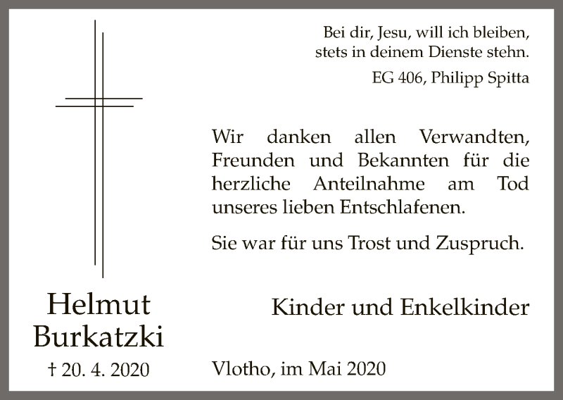  Traueranzeige für Helmut Burkatzki vom 30.05.2020 aus Neue Westfälische