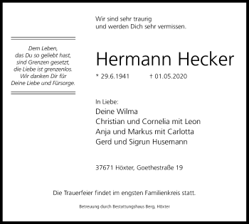Traueranzeige von Hermann Hecker von Neue Westfälische
