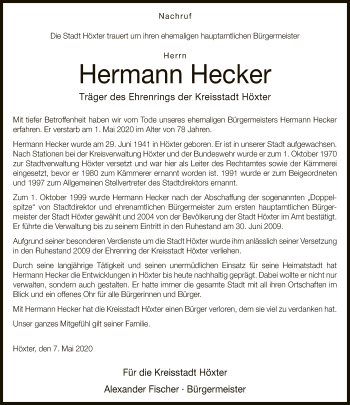 Traueranzeige von Hermann Hecker von Neue Westfälische