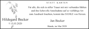 Traueranzeige von Hildegard Becker von Neue Westfälische