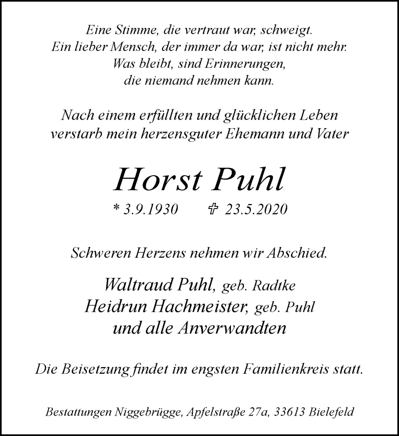  Traueranzeige für Horst Puhl vom 30.05.2020 aus Neue Westfälische