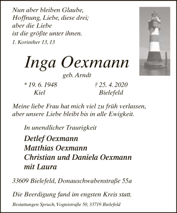 Traueranzeige von Inga Oexmann von Neue Westfälische