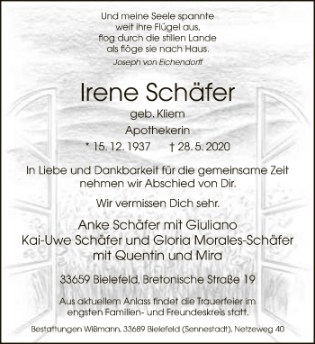 Traueranzeige von Irene Schäfer von Neue Westfälische