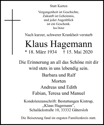 Traueranzeige von Klaus Hagemann von Neue Westfälische