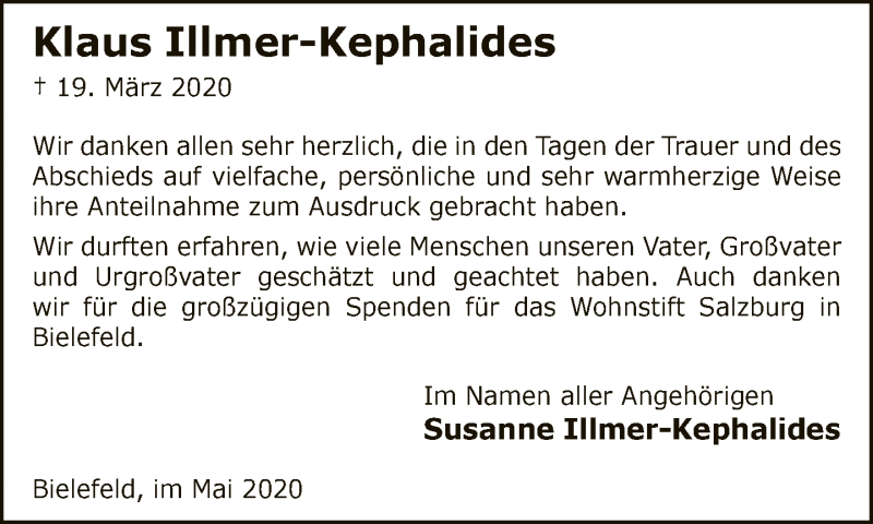  Traueranzeige für Klaus Illmer-Kephalides vom 16.05.2020 aus Neue Westfälische
