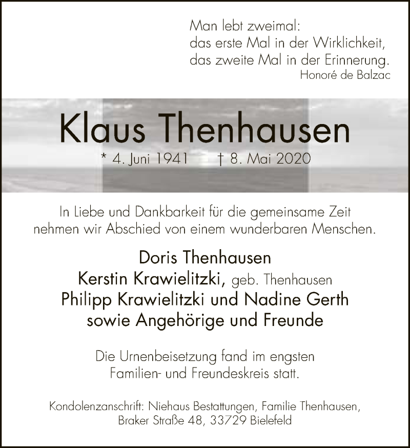  Traueranzeige für Klaus Thenhausen vom 23.05.2020 aus Neue Westfälische
