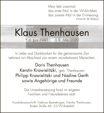 Traueranzeige von Klaus Thenhausen von Neue Westfälische