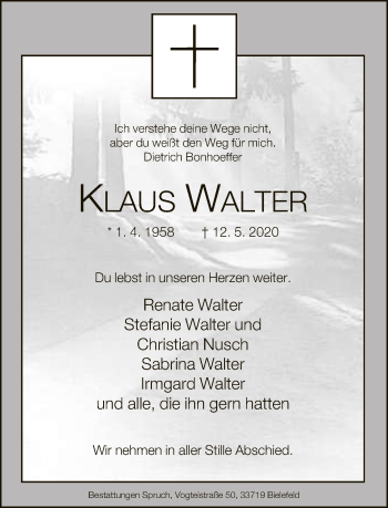 Traueranzeige von Klaus Walter von Neue Westfälische