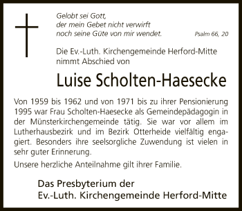 Traueranzeige von Luise Scholten-Haesecke von Neue Westfälische