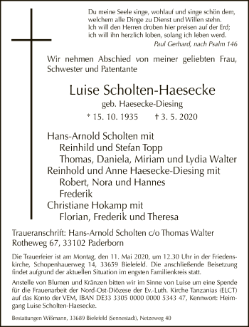 Traueranzeige von Luise Scholten-Haesecke von Neue Westfälische