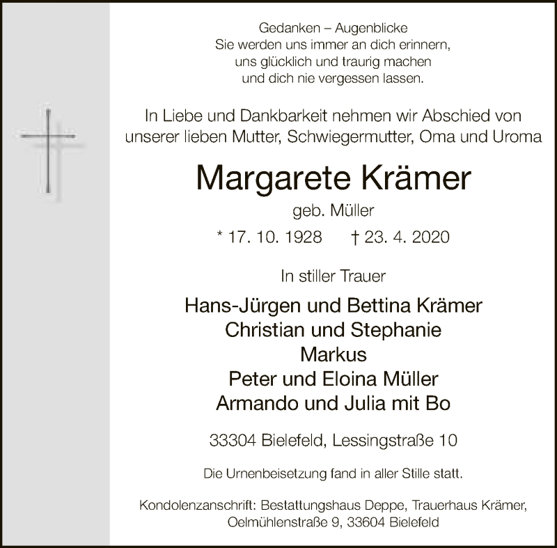  Traueranzeige für Margarete Krämer vom 09.05.2020 aus Neue Westfälische