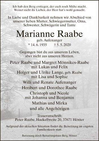 Traueranzeige von Marianne Raabe von Neue Westfälische