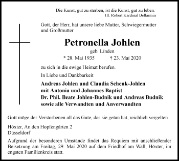 Traueranzeige von Petronella Johlen von Neue Westfälische