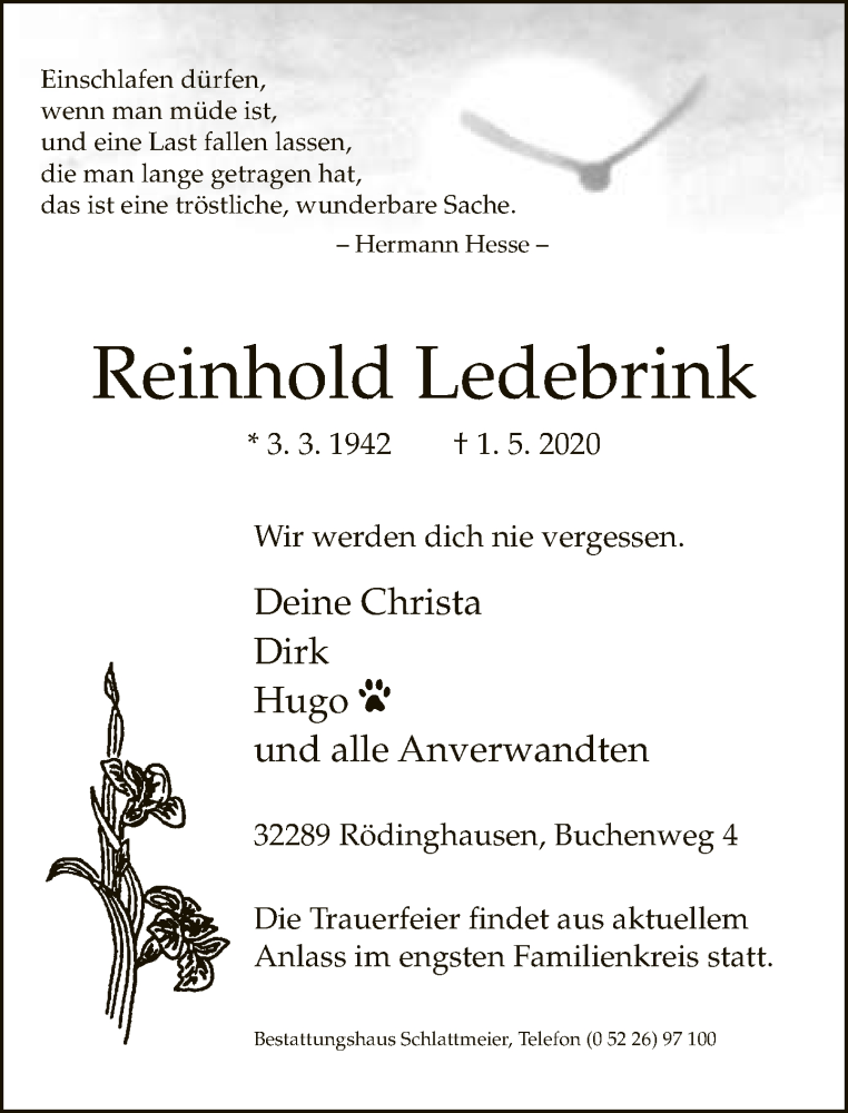  Traueranzeige für Reinhold Ledebrink vom 11.05.2020 aus Neue Westfälische