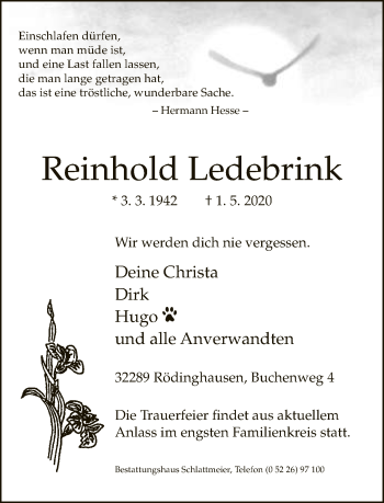 Traueranzeige von Reinhold Ledebrink von Neue Westfälische