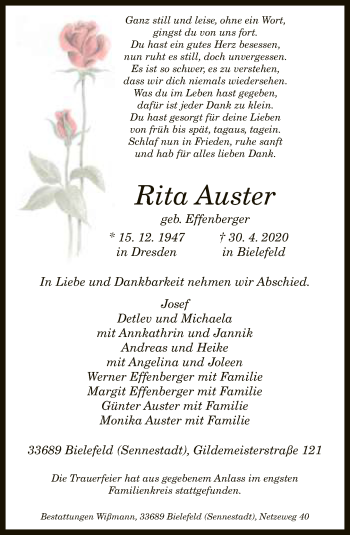 Traueranzeige von Rita Auster von Neue Westfälische