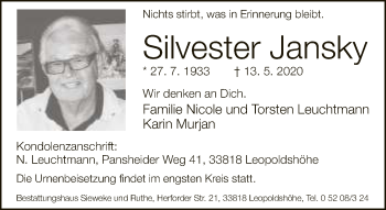 Traueranzeige von Silvester Jansky von Neue Westfälische