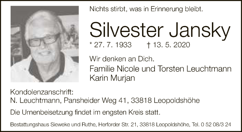  Traueranzeige für Silvester Jansky vom 16.05.2020 aus Neue Westfälische