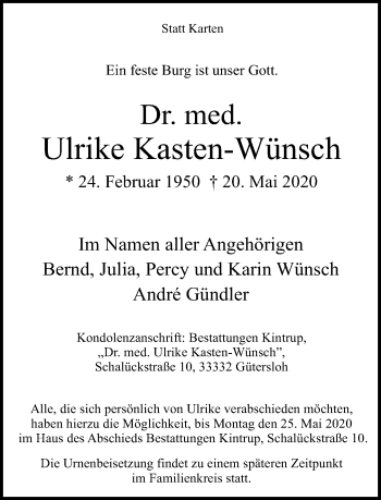Traueranzeige von Ulrike Kasten-Wünsch von Neue Westfälische