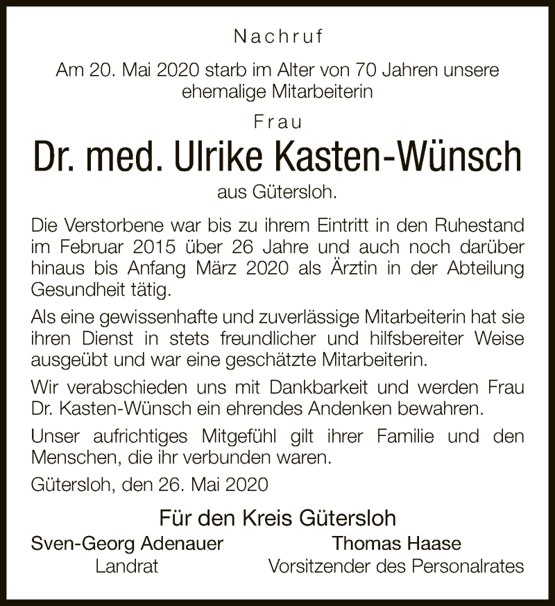 Traueranzeige für Ulrike Kasten-Wünsch vom 28.05.2020 aus Neue Westfälische
