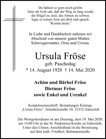 Traueranzeige von Ursula Fröse von Neue Westfälische
