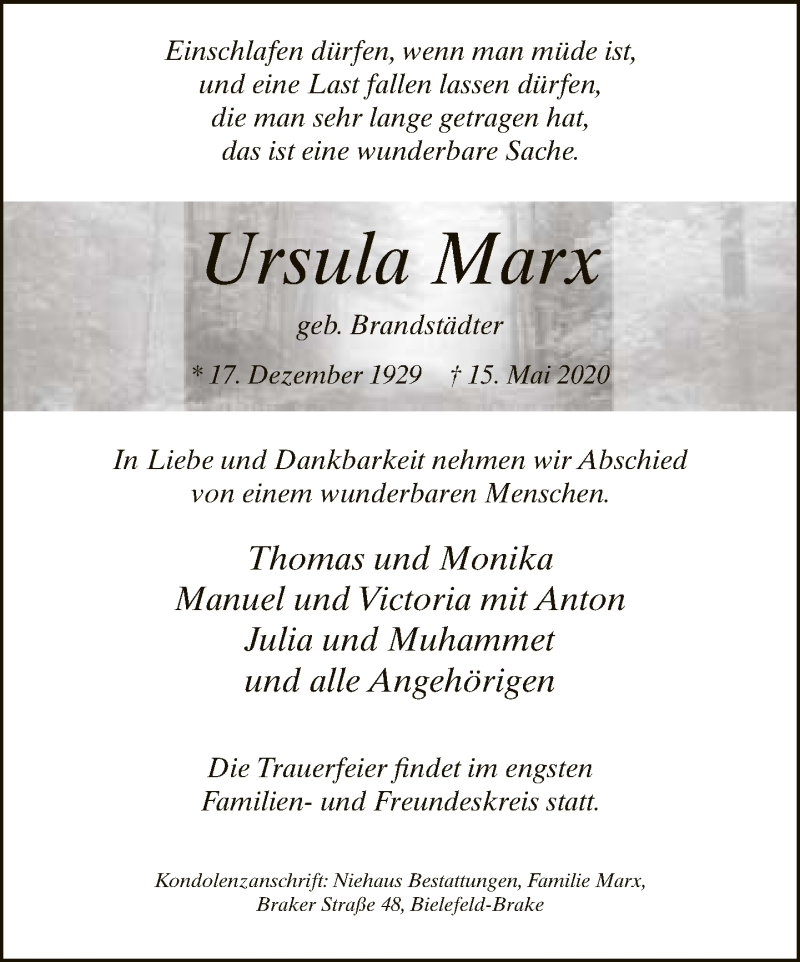 Traueranzeige für Ursula Marx vom 20.05.2020 aus Neue Westfälische