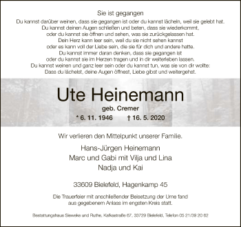 Traueranzeige von Ute Heinemann von Neue Westfälische