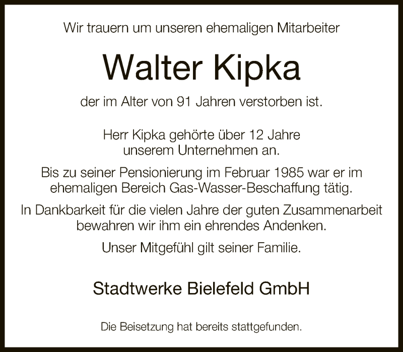 Traueranzeige für Walter Kipka vom 06.05.2020 aus Neue Westfälische