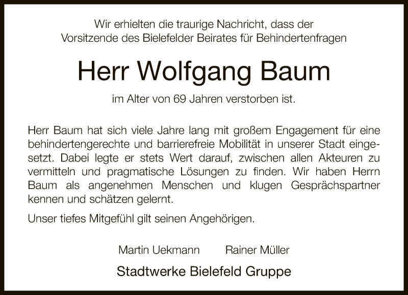  Traueranzeige für Wolfgang Baum vom 15.05.2020 aus Neue Westfälische
