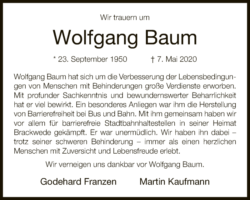  Traueranzeige für Wolfgang Baum vom 16.05.2020 aus Neue Westfälische