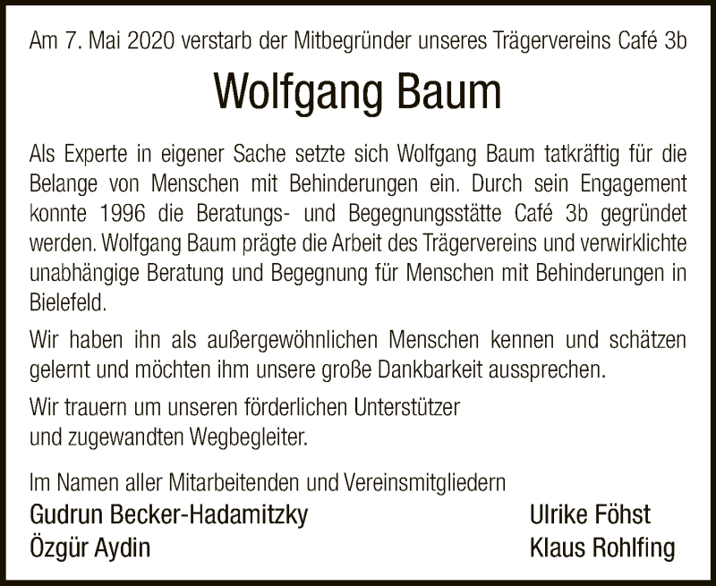  Traueranzeige für Wolfgang Baum vom 16.05.2020 aus Neue Westfälische