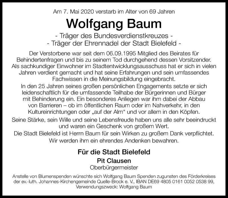  Traueranzeige für Wolfgang Baum vom 16.05.2020 aus Neue Westfälische