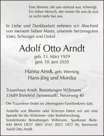 Traueranzeige von Adolf Otto Arndt von Neue Westfälische