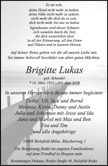 Traueranzeige von Brigitte Lukas von Neue Westfälische