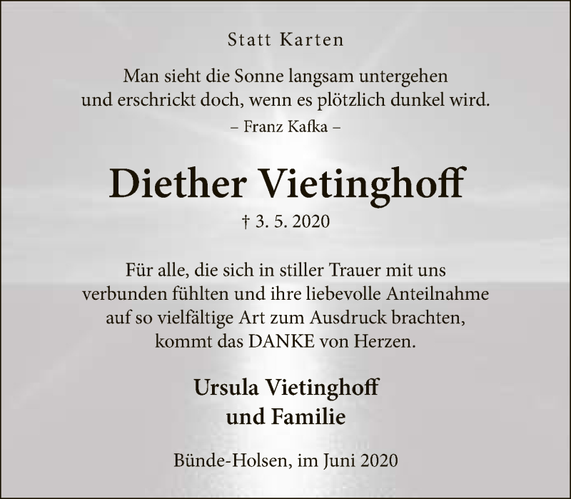  Traueranzeige für Diether Vietinghoff vom 13.06.2020 aus Neue Westfälische