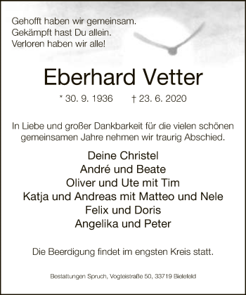 Traueranzeige von Eberhard Vetter von Neue Westfälische