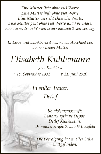 Traueranzeige von Elisabeth Kuhlemann von Neue Westfälische