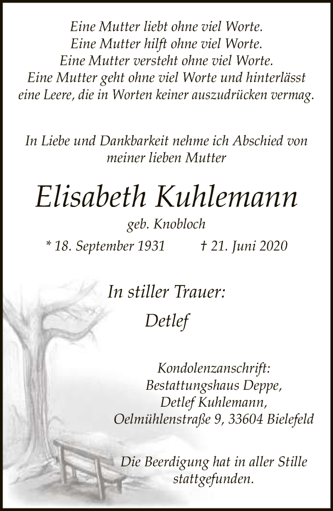  Traueranzeige für Elisabeth Kuhlemann vom 27.06.2020 aus Neue Westfälische